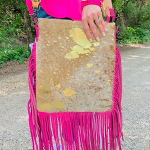 Gold Hide and Pink Fringe Crossbody